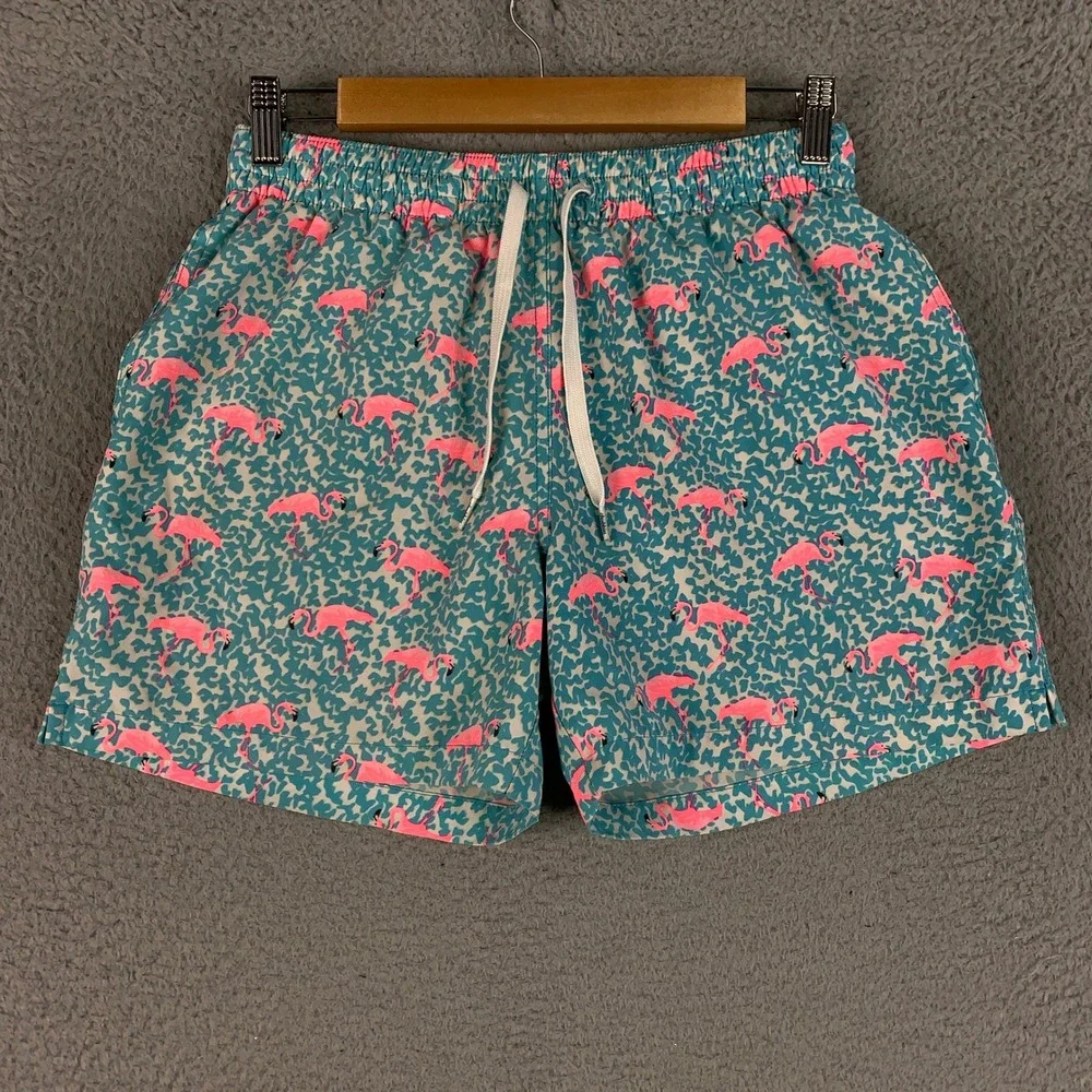 Chubbies Flamin-Gos Swim Trunks Mens Small Teal Pink Leopard Flamingo 5.5 Inseam